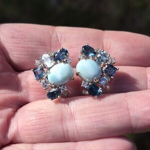 Sterling Silver Larimar and Blue & White Topaz Stud Omega Cluster Earrings